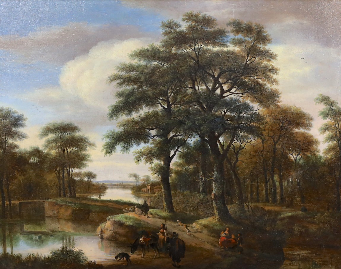 Pieter Jansz Van Asch (Dutch, 1603-1678), An extensive wooded river landscape with figures and animals, oil on canvas, 40 x 54cm